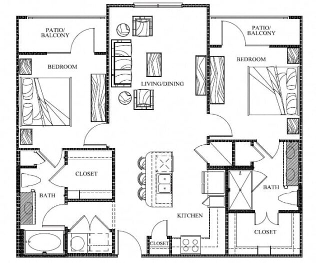 Rendering of the B1 floor plan with 2 bedroom[s] and 2 bathroom[s] at Eleven by Windsor