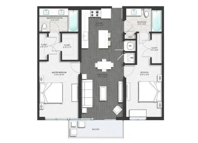 Rendering of the B1 floor plan with 2 bedroom[s] and 2 bathroom[s] at Allure by Windsor