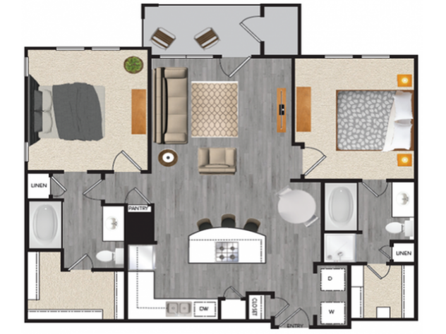 Rendering of the B1 floor plan with 2 bedroom[s] and 2 bathroom[s] at Windsor Mustang Park