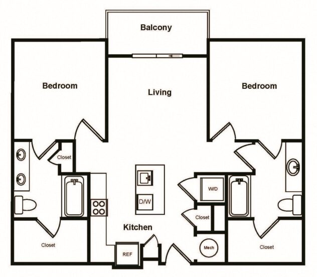 Rendering of the B1 floor plan with 2 bedroom[s] and 2 bathroom[s] at Stadium Walk By Windsor