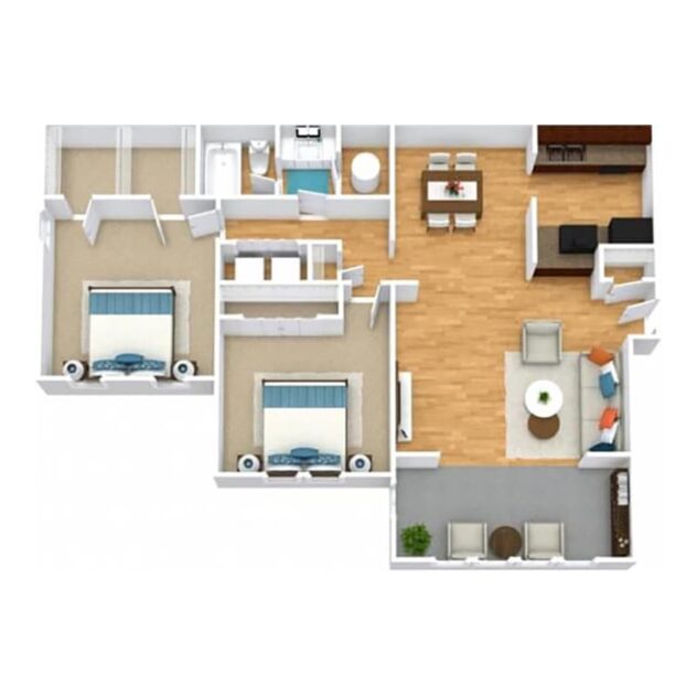 Rendering of the B1 floor plan with 2 bedroom[s] and 1 bathroom[s] at Windsor Peachtree Corners