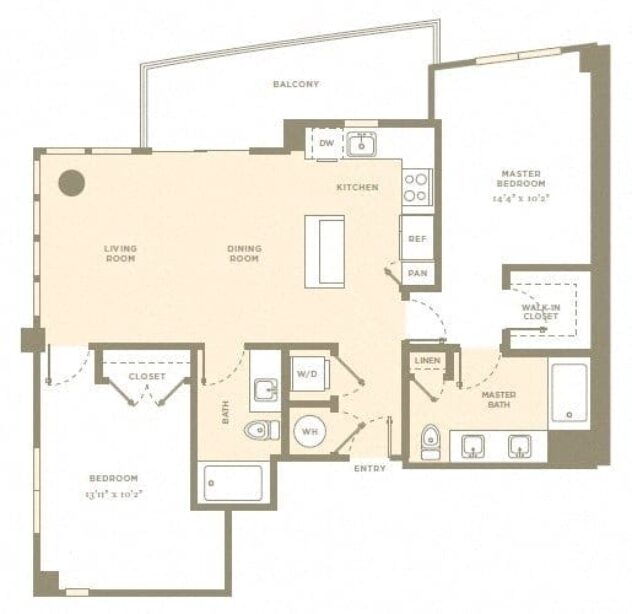 Rendering of the B1 floor plan with 2 bedroom[s] and 2 bathroom[s] at Amaray Las Olas by Windsor