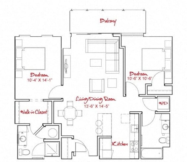 Rendering of the B1 floor plan with 2 bedroom[s] and 2 bathroom[s] at Windsor at Maxwells Green