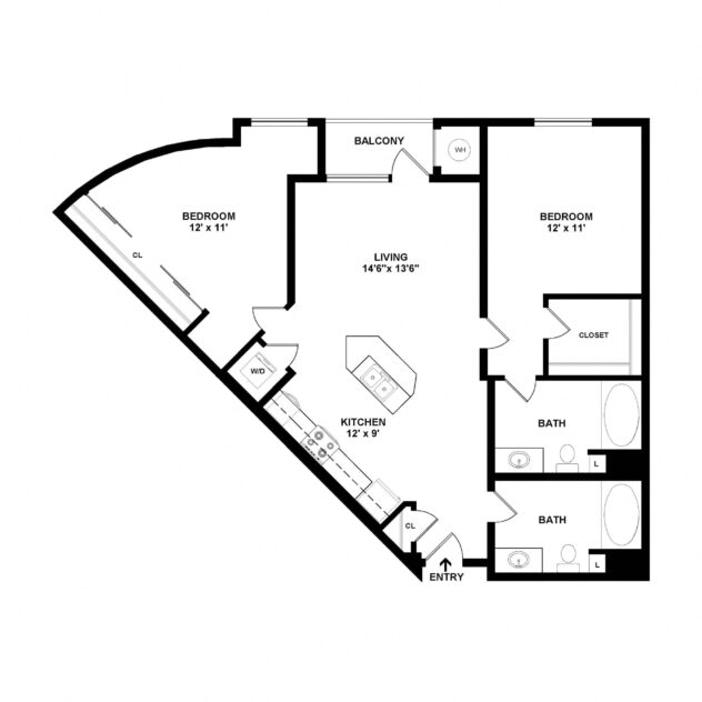 Rendering of the B1 floor plan with 2 bedroom[s] and 2 bathroom[s] at Sunset + Vine