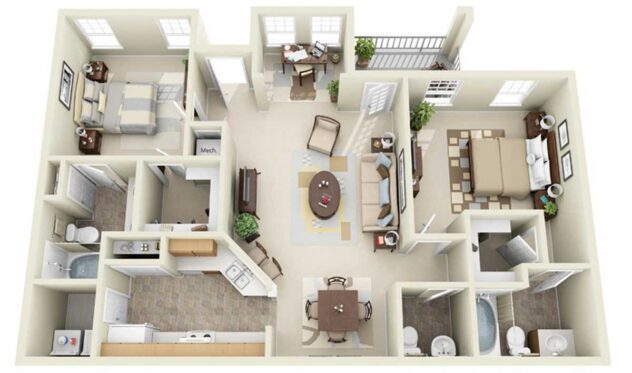 Rendering of the B1 floor plan with 2 bedroom[s] and 2.5 bathroom[s] at Windsor Johns Creek