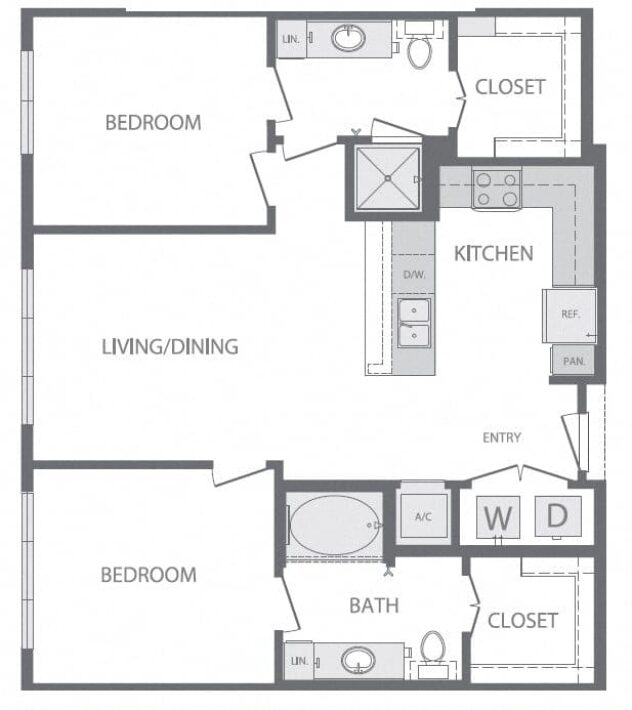 Rendering of the B1 2Bed 2Bath floor plan with 2 bedroom[s] and 2 bathroom[s] at Windsor at West University