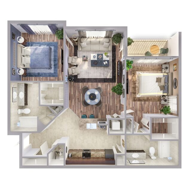 Rendering of the B1 floor plan with 2 bedroom[s] and 2 bathroom[s] at Windsor Biscayne Shores