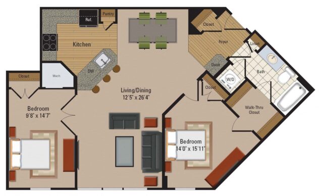 Rendering of the B1 floor plan with 2 bedroom[s] and 2 bathroom[s] at Windsor Leesburg