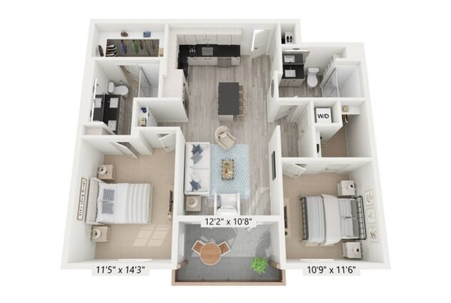 Rendering of the B1 floor plan with 2 bedroom[s] and 2 bathroom[s] at Windsor Rancho PQ