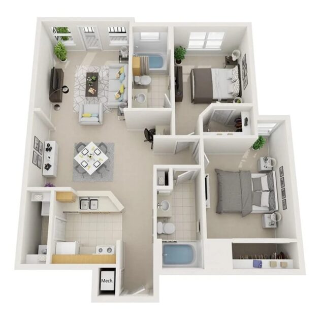 Rendering of the B1 Cezanne - Attached Garage floor plan with 2 bedroom[s] and 2 bathroom[s] at Windsor Highwoods Preserve