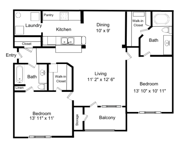 Rendering of the B1 - Paddington floor plan with 2 bedroom[s] and 2 bathroom[s] at Windsor Vinings