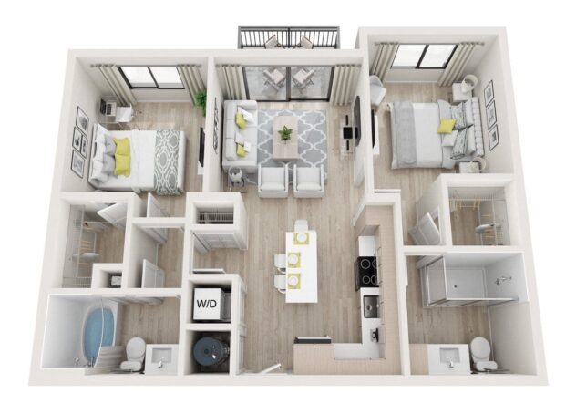 Rendering of the B1 - Serenity floor plan with 2 bedroom[s] and 2 bathroom[s] at Windsor Ludlam Trail