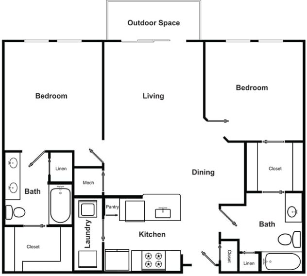 Rendering of the B1 - The Rhapsody floor plan with 2 bedroom[s] and 2 bathroom[s] at Windsor Encore