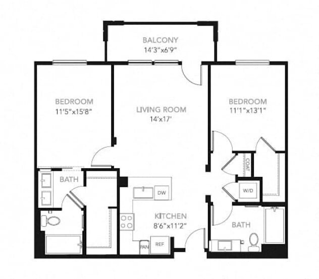 Rendering of the B1-W floor plan with 2 bedroom[s] and 2 bathroom[s] at Blu Harbor by Windsor