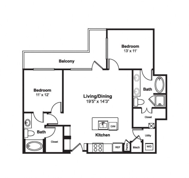 Rendering of the B10 floor plan with 2 bedroom[s] and 2 bathroom[s] at Windsor Fitzhugh