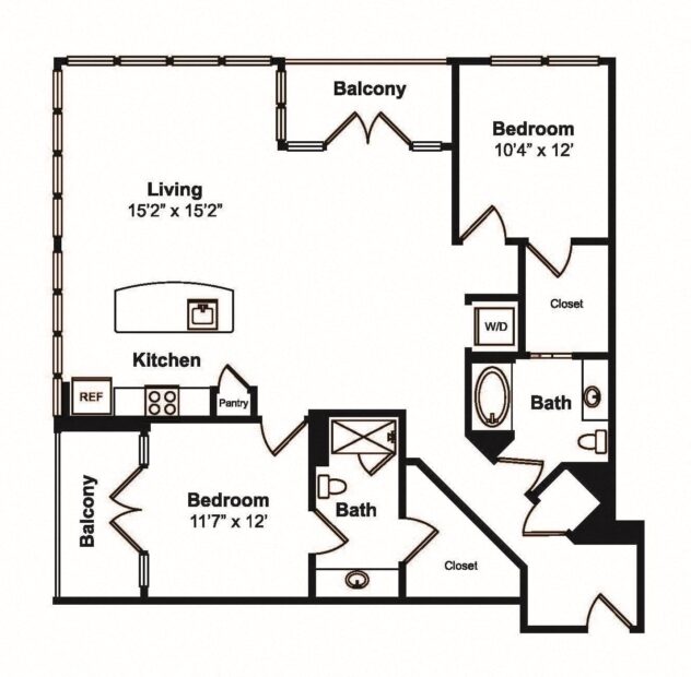 Rendering of the B10 floor plan with 2 bedroom[s] and 2 bathroom[s] at 565 Hank by Windsor