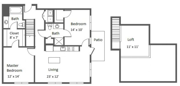 Rendering of the B10 floor plan with 2 bedroom[s] and 2 bathroom[s] at Windsor at Hopkinton