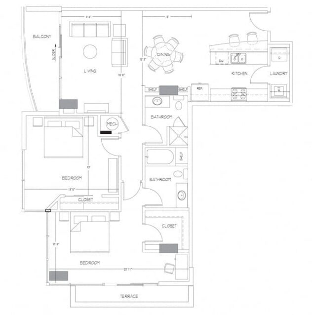 Rendering of the B10 floor plan with 2 bedroom[s] and 2 bathroom[s] at Glass House by Windsor