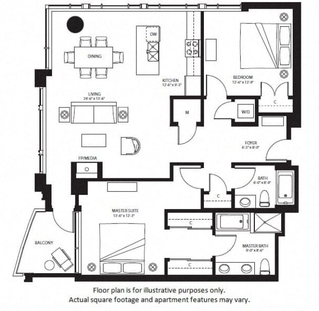 Rendering of the B10 North floor plan with 2 bedroom[s] and 2 bathroom[s] at The Bravern