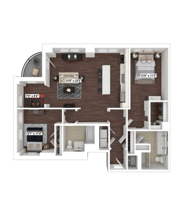 Rendering of the B10 with Den floor plan with 2 bedroom[s] and 2 bathroom[s] at The Woodley