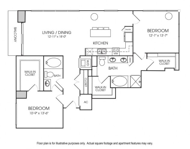 Rendering of the B11 floor plan with 2 bedroom[s] and 2 bathroom[s] at The Sovereign at Regent Square