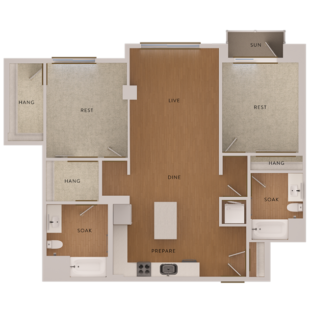 Rendering of the B11 floor plan with 2 bedroom[s] and 2 bathroom[s] at The Marston by Windsor