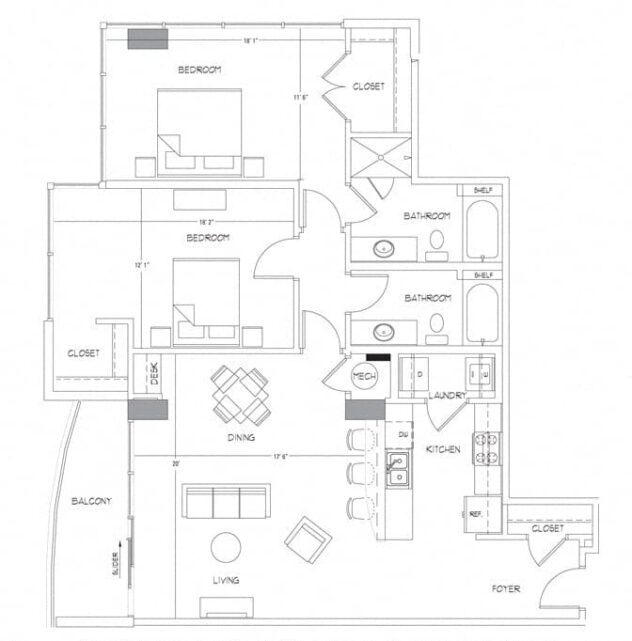 Rendering of the B11 floor plan with 2 bedroom[s] and 2 bathroom[s] at Glass House by Windsor