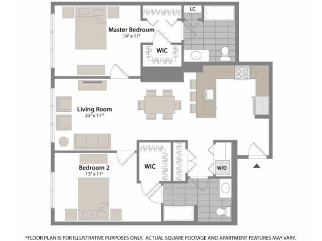 Rendering of the B11 floor plan with 2 bedroom[s] and 2 bathroom[s] at Warren at York by Windsor