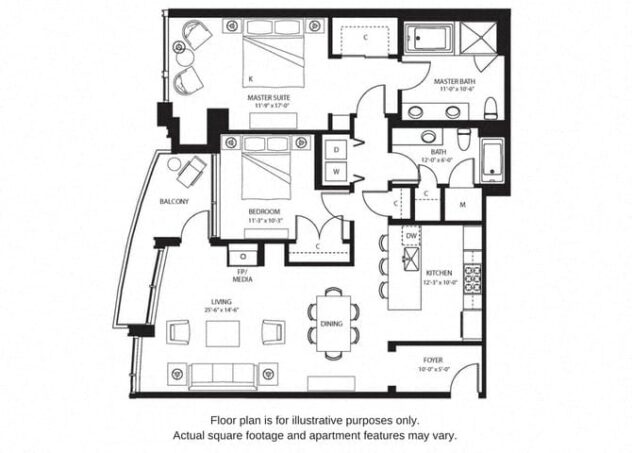 Rendering of the B11 North floor plan with 2 bedroom[s] and 2 bathroom[s] at The Bravern