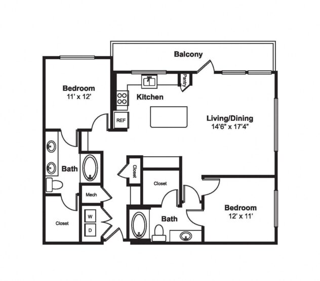 Rendering of the B12 floor plan with 2 bedroom[s] and 2 bathroom[s] at Windsor Fitzhugh