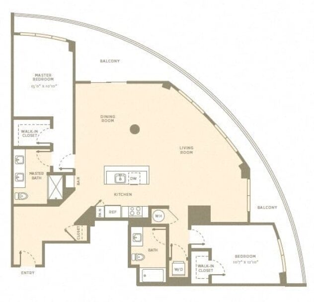 Rendering of the B12 floor plan with 2 bedroom[s] and 2 bathroom[s] at Amaray Las Olas by Windsor