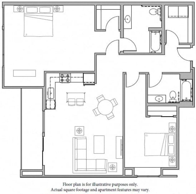 Rendering of the B12 2Bed-2 North floor plan with 2 bedroom[s] and 2 bathroom[s] at The Whittaker