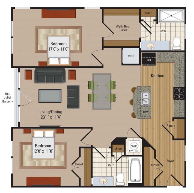 Rendering of the B12 floor plan with 2 bedroom[s] and 2 bathroom[s] at Windsor Leesburg