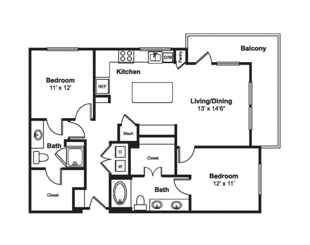 Rendering of the B13 floor plan with 2 bedroom[s] and 2 bathroom[s] at Windsor Fitzhugh