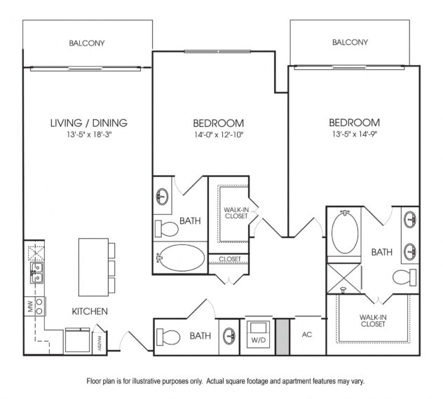 Rendering of the B14 floor plan with 2 bedroom[s] and 2 bathroom[s] at The Sovereign at Regent Square