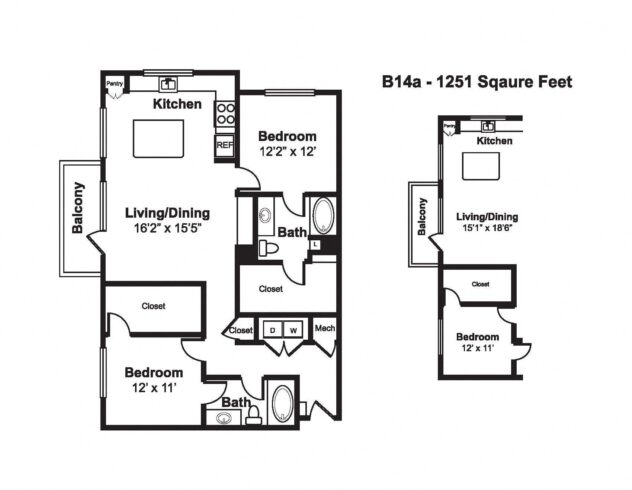 Rendering of the B14 floor plan with 2 bedroom[s] and 2 bathroom[s] at Windsor Fitzhugh