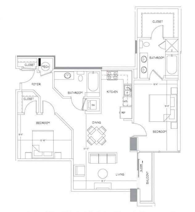 Rendering of the B14 floor plan with 2 bedroom[s] and 2 bathroom[s] at Glass House by Windsor