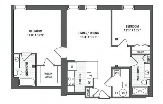 Rendering of the B14 - Mill floor plan with 2 bedroom[s] and 2 bathroom[s] at Windsor Radio Factory