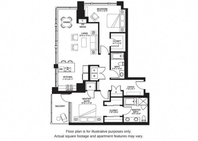 Rendering of the B15 South floor plan with 2 bedroom[s] and 2 bathroom[s] at The Bravern