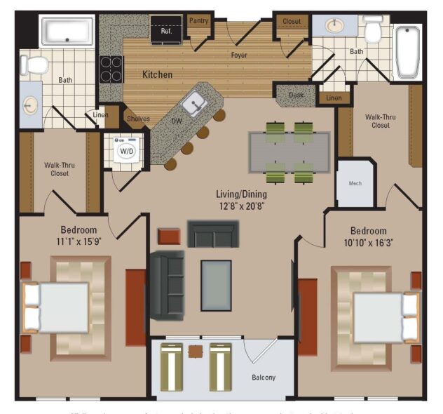 Rendering of the B16 floor plan with 2 bedroom[s] and 2 bathroom[s] at Windsor Leesburg