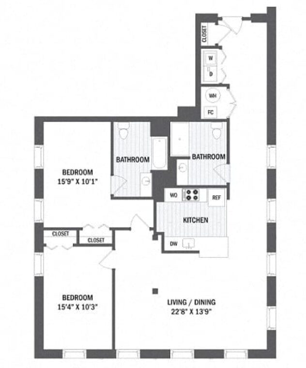 Rendering of the B17 - Mill floor plan with 2 bedroom[s] and 2 bathroom[s] at Windsor Radio Factory