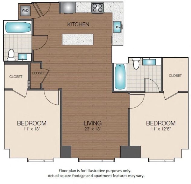 Rendering of the B1a floor plan with 2 bedroom[s] and 2 bathroom[s] at The Victor by Windsor