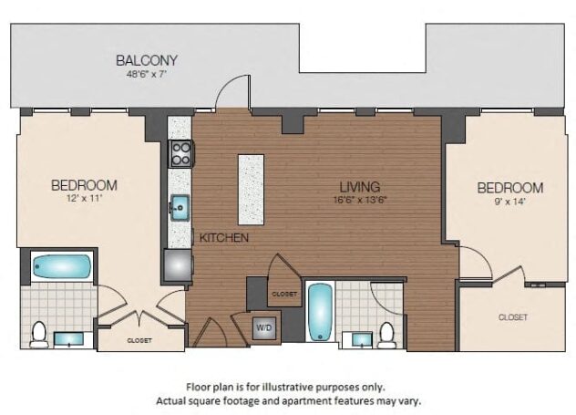 Rendering of the B1d floor plan with 2 bedroom[s] and 2 bathroom[s] at The Victor by Windsor