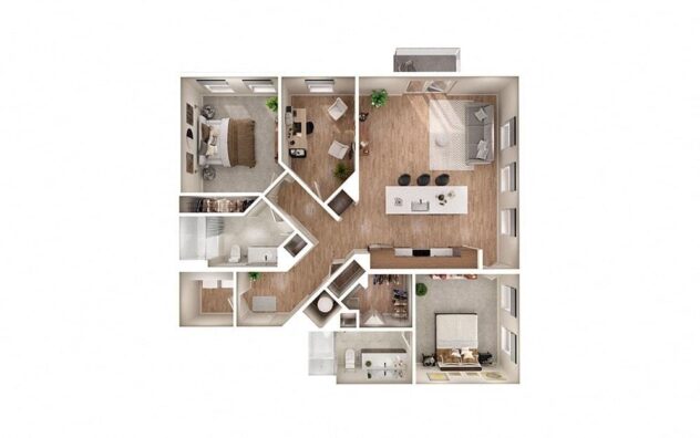 Rendering of the B1D floor plan with 2 bedroom[s] and 2 bathroom[s] at Windsor South Congress