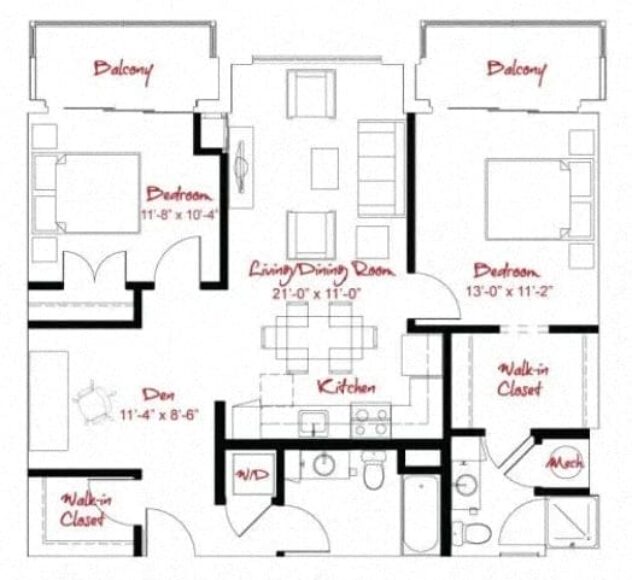 Rendering of the B1D floor plan with 2 bedroom[s] and 2 bathroom[s] at Windsor at Maxwells Green