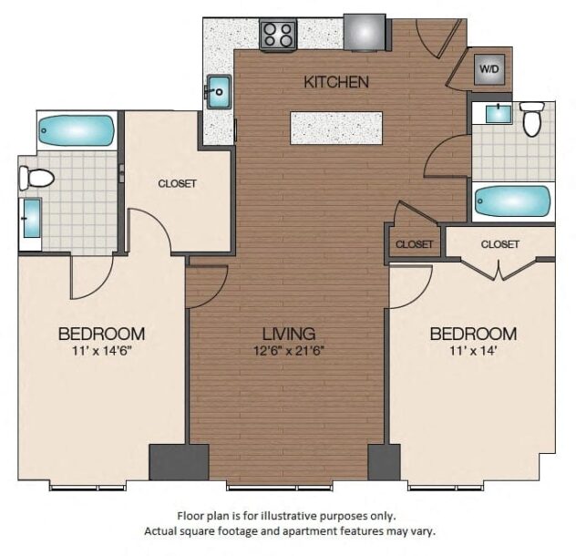 Rendering of the B1e floor plan with 2 bedroom[s] and 2 bathroom[s] at The Victor by Windsor