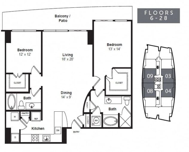 Rendering of the B1R floor plan with 2 bedroom[s] and 2 bathroom[s] at The Monarch by Windsor