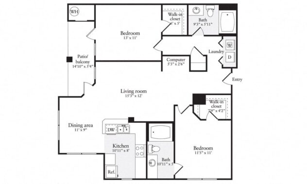 Rendering of the B1R floor plan with 2 bedroom[s] and 2 bathroom[s] at Windsor Herndon