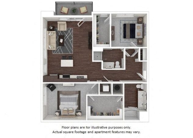 Rendering of the B2.2 floor plan with 2 bedroom[s] and 2 bathroom[s] at The Casey