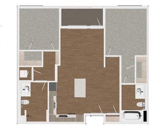 Rendering of the B2 floor plan with 2 bedroom[s] and 2 bathroom[s] at Malden Station by Windsor